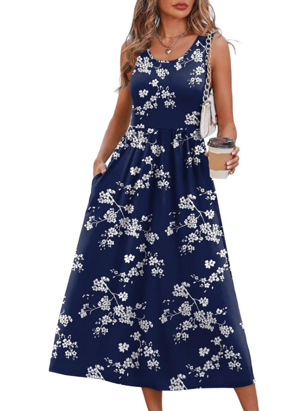 Women's Midi Dresses Navy Floral Print Scoop Neck Sleeveless Summer Casual Soft